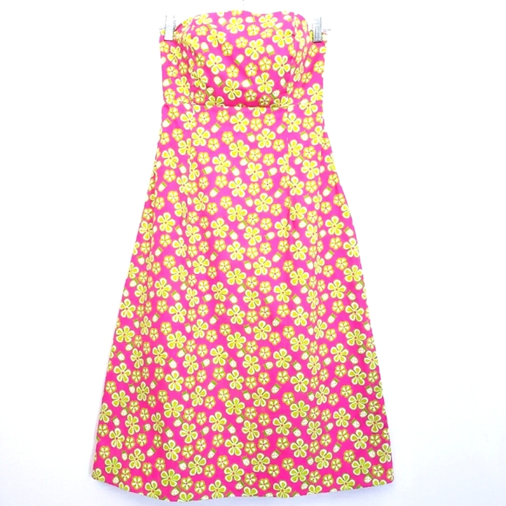 Vintage Lilly Pulitzer Strapless Lip Pink Dunebuggy Floral w/Ladybugs Midi Dress